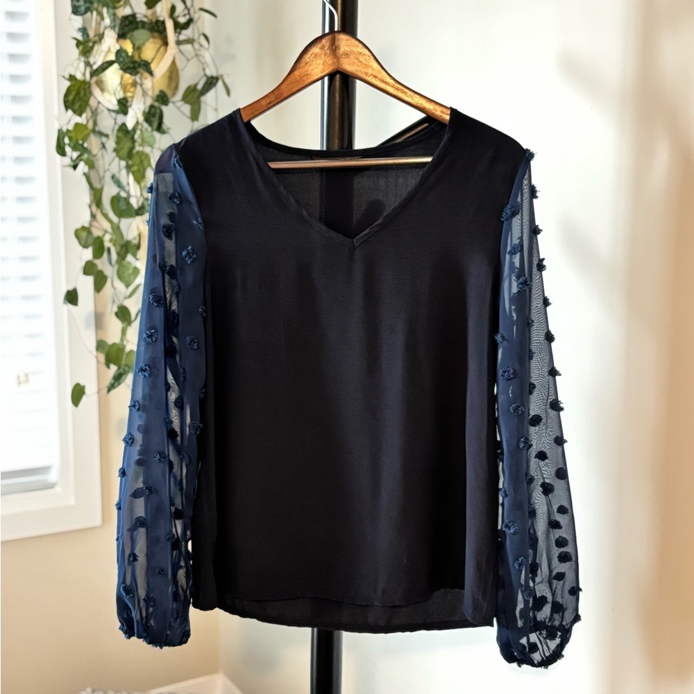 SHEIN Blue Blouse with Sheer Embellished Sleeves